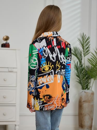 WDIRARA Girl's Graffiti Print Button Down Suit Blazer Lapel Neck Long Sleeve Casual Jacket2