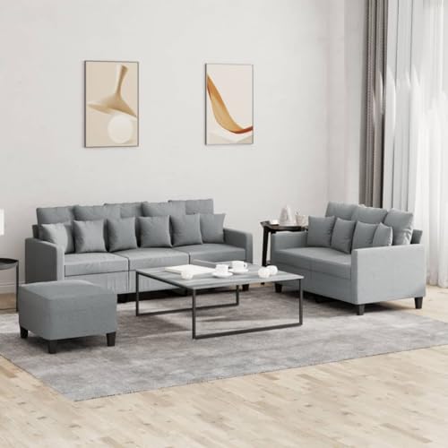 vidaXL Sofagarnitur 3-TLG., Sessel Couch mit Kissen Fußhocker, Sofa Wohnzimmersofa mit Armlehnen, Couchgarnitur Designsofa Sitzmöbel Polstermöbel, Hellgrau Stoff – Bild 3