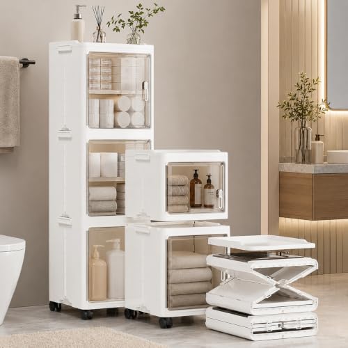 Image of KRISHYAM 3 Door Slim Plastic Storage Cabinet with Wheels, Collapsible Foldable Organizer with Transparent Doors & Removable Shelves for Bathroom, Bedroom, Kitchen & Living Room, White