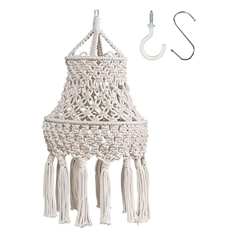 Handwoven Bohemian Lampshade for Ceiling Lights, Knitting Lamp Shade Ceiling Light Shade Fitting, Boho Hanging Pendant Light for Living Room, Bedroom and Bathroom, Warm White Home Decor Cover