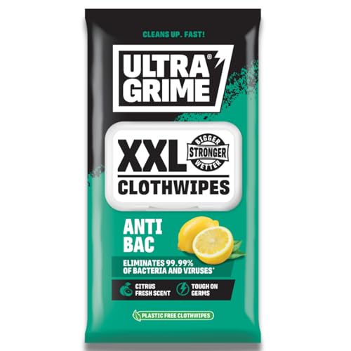 UltraGrime Lingettes antibactériennes | 40 lingettes extra larges – Chiffons de nettoyage antibactériens pour cuisine, toilettes, sols
