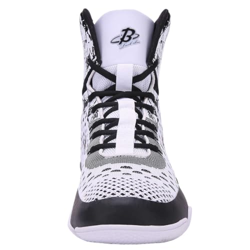 Image of Professional High-Top Boxing Shoes for Men & Women - Lightweight Wrestling Boots with Rubber Grip Sole - Breathable Microfiber & Mesh Training Shoes for MMA, Gym & Lifting (Grey, White, Blue)