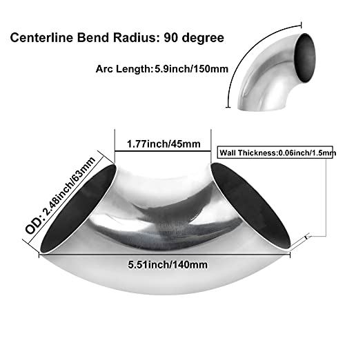 4 Pack 304 Stainless Steel Mandrel Bend Elbow, 90 Degree Exhaust Elbow Pipe, 2.5 Inch OD Mandrel Elbow, Thickness 16GA/.065\" for Car Modified Exhaust Elbow Pipe, Stair Handrail, Exhaust System