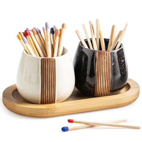 Ceramic Match Holders with Striker - Matchstick Container Set of 2 with Tray for Christmas Bathrooms, Cafes & Modern Homes - Matches NOT Included, Black and White