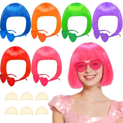 KEEPFINE 6 Pack Colored Short Bob Wigs and 6 Pcs Heart Sunglass Set Neon Colorful Party Hair Wig for Women Costume Cosplay (Dark)