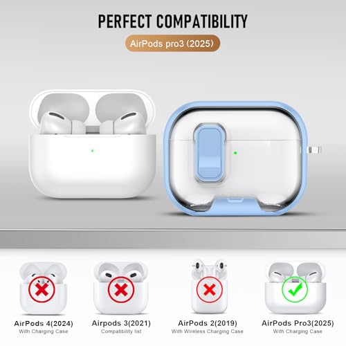 Image of Compatible Airpods Pro 3 Case (2025) with Phone Stand & Cleaner Kit,Print Soft Silicone Lock Clip Apple AirPods Pro 3rd Generation Case, Airpod Pro 3 Cover with Keychain for Women /Girls,Light Blue