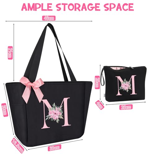Vavabox Tote Bag, A-Z Initial Monogrammed Waterproof Tote Bag, Bridesmaid Gifts for Women, Black and Pink (M, Black Set) - Thumbnail 4