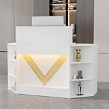 VOWNER 39.3" H Modern Reception Desk with LED Lighting, Office Counter with Display Cabinet, Secretary Desk with Power Outlets – Front Desk for Salon, Lobby (55.1" W x 21.2" D x 39.3" H) (White)