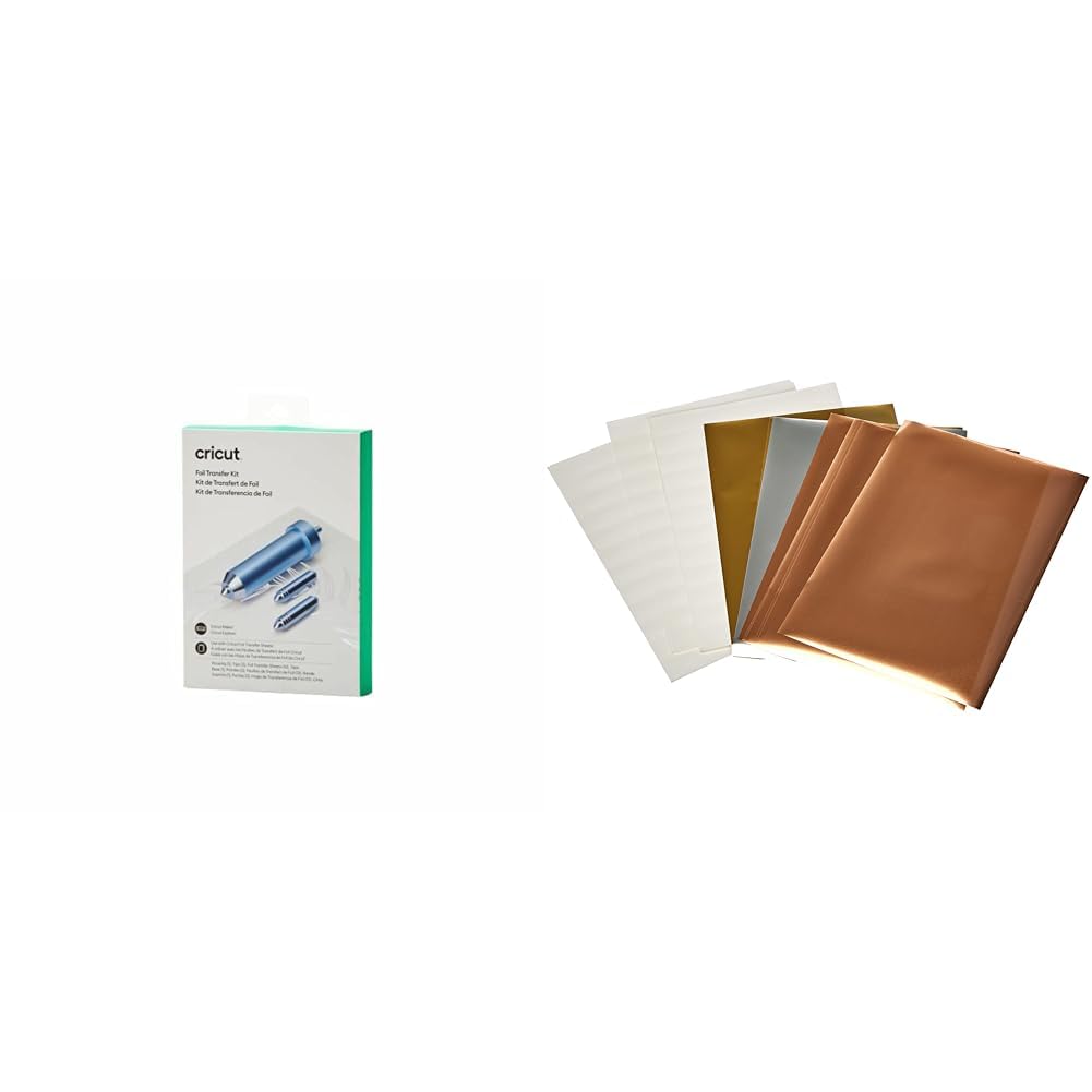 Cricut2008727 Foil Transfer Kit, Explore Maker Machines, 3 Tips - fine, Medium & Bold & 2008716 Foil Transfer Sheets Sampler, Metallic (24 ct), 24 Pack