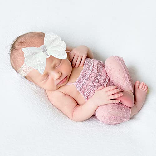 Baby Headbands, White Cute Baby Lace Headbands with Bow, Pearl Rhinestone Headbands Elastic Hair Band for Toddler Girls4