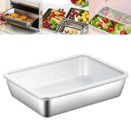 Piatto quadrato in acciaio inossidabile con coperchio, vassoio in acciaio inossidabile in stile giapponese, teglie da forno riutilizzabili in acciaio inox, adatte per cucina/barbecue/piatto di riso