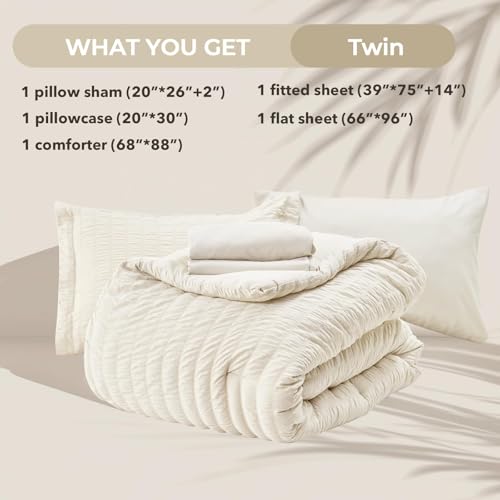 Image of HYMOKEGE Ivory Twin Comforter Set Seersucker 5 Pieces, All Season Luxury Bed in a Bag for Bedroom, Bedding Set with Comforters, Sheets, Pillowcase & Shams