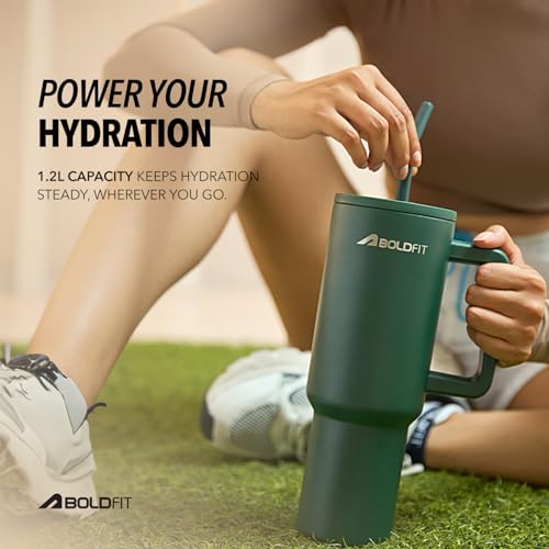 Image of Boldfit Tumbler Bottle with Lid and Straw 1.2L Stainless Steel Water Tumbler | Leakproof Travel Mug with Handle & Reusable Straw Sipper with Cleaning Brush 1200ml
