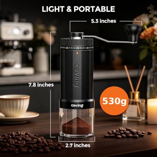 Image of CEVING World's First 60g Large Capacity Manual Coffee Grinder, Black | 40 External Settings, Portable Hand Coffee Bean Mill with Stainless Steel Conical Burr for Travel, Camping, Pour Over & Gift