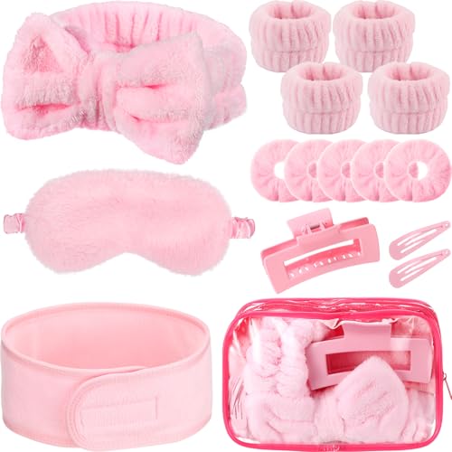 Wavyknot 16 Pcs Skin Care Headband Set 2 Spa Headband 1 Plush Sleep Eye Mask 4 Skin Care Wristbands 5 Velvet Scrunchies 1 Claw Clip 2 Bangs Clip 1 Cosmetic Bag for Valentine Galentine Spa Gift(Pink)