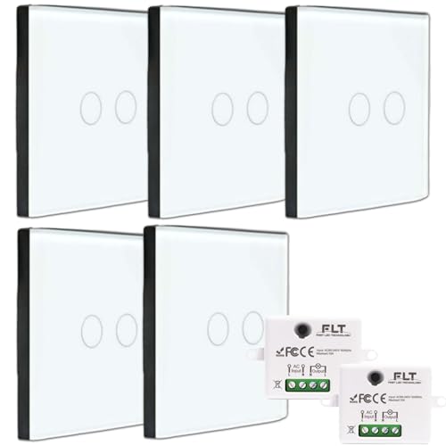 Kit de interruptor inalámbrico – 5 mando a distancia de pared doble luz + 2 mini receptor incorporado – Va y viene sin trabajo – Control remoto táctil – Interruptor de radio RF 433 MHz