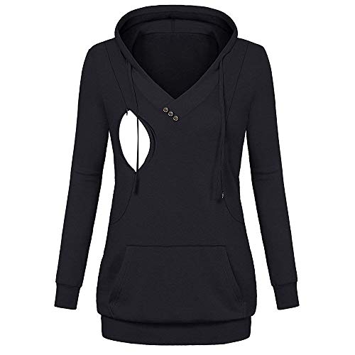 Riou Damen Stillpullover Winter Baumwolle Langarm Einfarbig Zweilagiges Stillen Hoodie Sweatshirt mit Taschen für Schwangerschaft Basic Stillzeit Stillshirts Umstandsmode Cover