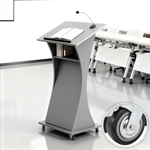 Image of Portable Wooden Podium Stand with Lockable Wheels, Lightweight 42.5 inch Rolling Lectern for Churches, Ideal for Presentations, Events, and Conferences - Versatile White Pulpit.