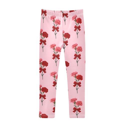 Carnation Flower Bow Pattern Girls Leggings Soft Stretch Workout Yoga Dance Pants for Kids Casual Tights