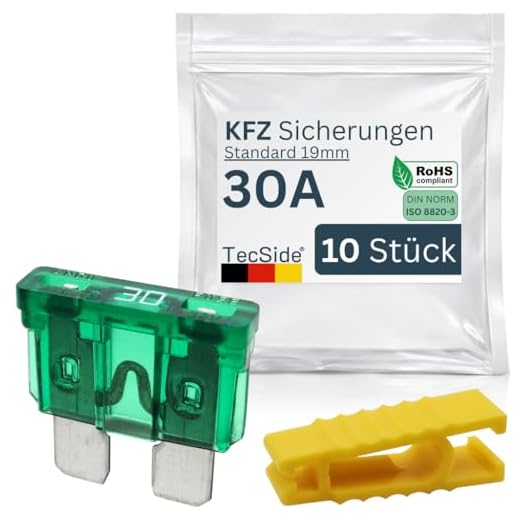 KFZ Sicherungen 30A | 10 Stück + Sicherungszieher | Stecksicherungen für 12V 24V 32V | 19mm Flachsicherungen nach DIN ISO 8820-3 | Für Boot, Motorrad, Wohnmobil & Roller - Autosicherungen | Grün