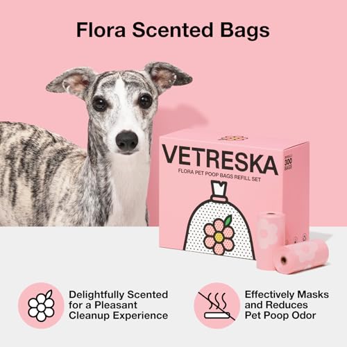 Image of VETRESKA Dog Poop Bags Lavender Scented Pet Waste Bags Leak Proof & Extra Thick Waste Bags for Dog Walking and Cat Litter 300 Counts 20 Refill Rolls 9 * 13 inches