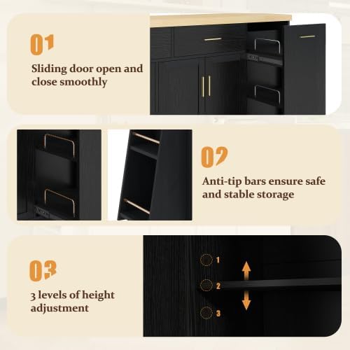 Bellemave Sideboard Buffet Cabinet with Drawers & Adjustable Shelves, Modern Kitchen Pantry with Tilt Out Trash Can, Coffee Bar Station with 3-Tier Pull-Out Rack for Dining Room, Kitchen (Black/58)