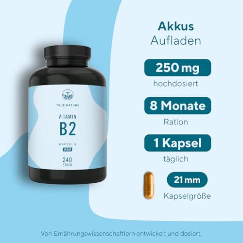Vitamin B2 Riboflavin - Hochdosiert: 250mg Riboflavin - 240 Kapseln (Big Pack) - Unterstützt Energiestoffwechsel, Haut und Nerven - Laborgeprüft - Vegan & Deutsche Produktion - TRUE NATURE