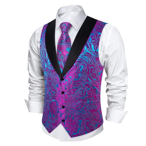 Image of DiBanGu Mens Paisley Suit Vest Silk Jacquard Waistcoat and Necktie Set Formal Shawl Collar Dress Vest 7PCS for Wedding Party