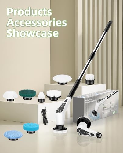 Image of Electric Spin Scrubber, Cordless Power Scrubber with 8 Replaceable Brushs, 2-Speed Adjustable Handle Shower Scrubber, IPX7 Waterproof Cleaning Brush for Bathroom, Tile, Tub, Teens, White-qe1