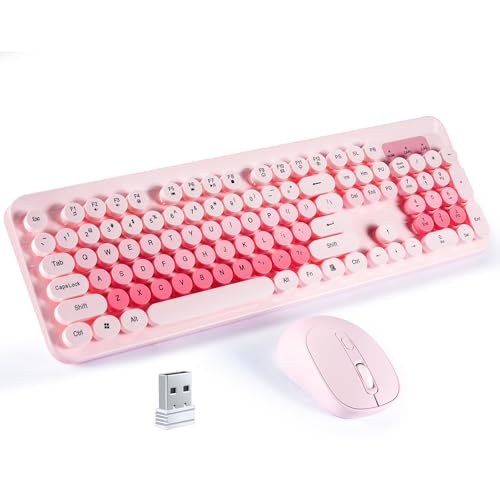 Nsyee Wireless Keyboard and Mouse Combo 104 Round Keys Retro Full Size Keyboard and Mouse Set with 2.4GHz USB Receiver for PC/Laptop/Tablet/Computer/Windows US Layout Pink