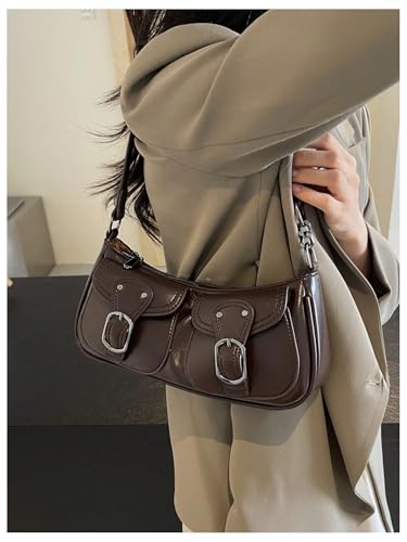 Women's Vintage Double Pockets PU Leather Shoulder Bag Zipper Underarm Bags Y2K Clutch Purses3