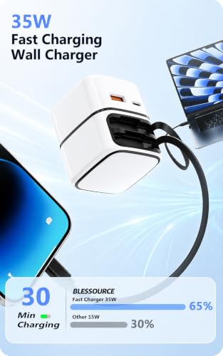 4 in 1 Retractable Wall Charger, 35W Fast Charging Retractable Phone Charger Wall Plug with Dual Cables & 2 USB Ports, Foldable Travel Charging Block for iPhone 17/16/15/14/13, iPad, Samsung, White — view 5