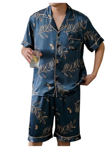 Men's 2 Piece Satin Silk Pajama Sets Leaf Graphic Button Down Shirts and Shorts Loungewear Sleepwear Pjs