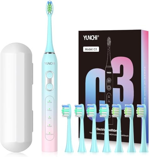 YUNCHI C3 Elektrische Schallzahnbürste für Erwachsene, 8 Bürstenköpfe und Reiseetui, Wiederaufladbare Elektrische Zahnbürste mit 5 Modi und USB Typ-C Aufladung, Mittelweiche Borsten, Blau