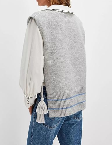 Image of Women's V Neck Sweater Vest Loose Knit Sleeveless Poncho Side Binding Fringe Pullover Tank Tops