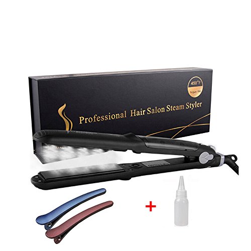 2 in 1 Curling and Straightening Steam Flat Iron- Professional Steam Hair Straightener Salon Styler Tourmaline Flat Iron with Steamer, Dual PTC Heater, Digital LCD Display, Dual Voltage,300-450℉