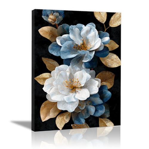 Tableau peinture fleurs bleu et or 60x80cm encadré pour salon