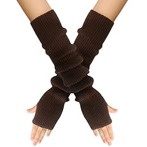 Women Winter Long Fingerless Gloves Mittens Knitted Wrist Arm Warmers Gloves with Thumb Hole (Coffee)