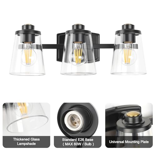 Image of 3-Light Bathroom Vanity Light Fixtures, 18 Inch Black Vanity Light | Thick Clear Glass, Bathroom Wall Lamp for Mirror, Rust-Proof, Reversible Up /Down Mount, ETL Certified, E26 Ceramic Sockets