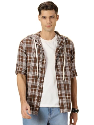 Image of Thomas Scott Men's | Checks | Full Sleeve | Regular Fit | 100% Cotton | Hooded | Casual Shirt