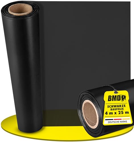 BMD Baufolie TYP 100 | 4m x 25m | 3 Größen | extra starke Estrichfolie | wasserfeste, schwarze Abdeckfolie | 100m² | reißfeste Schutzfolie und Abdeckplane