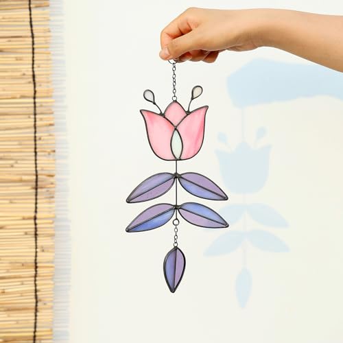 Attrape-soleil fait à la main en vitrail tulipe rose d'exception