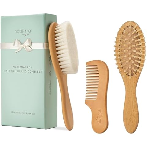 Natemia Baby Hair Brush and Comb Set for Newborns - Wooden Baby Hair Brush and Comb Set - Soft Bristle Hair Brush as Baby Registry Gift Set - Toddler Cradle Cap Brush - Baby Comb & Baby Brush Wooden Cover