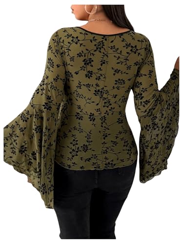 SweatyRocks Women's Plus Size Ruched Long Sleeve Mesh Top Floral Bell Sleeve Going Out Shirt2
