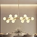 PiWWPi Glass Globe Sputnik Chandelier, 16-Light Mid Century Modern Light Fixture Over Table, Linear Chandeliers for Dining Room, Kitchen Island, Brass Gold and Milk White Bubble, 40 Inch, GC-02