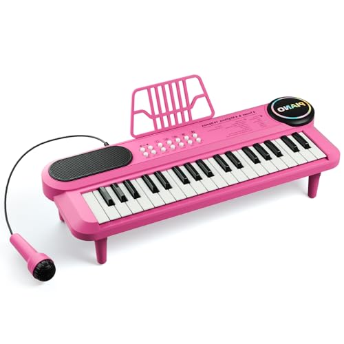子供用音楽ピアノキーボード玩具、37鍵ピンクベビーガールピアノ玩具（マイク付き）