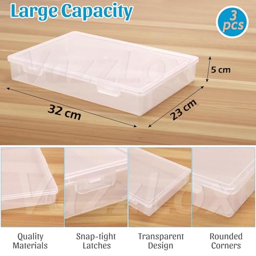 Image of VazzLox A4 Clear File Storage Box (Pack of 3) Premium Plastic Box for Storage Lockable Document Storage Box A4 Paper Storage Boxes Organiser with Lid for Papers File Folders Certificates & Stationery