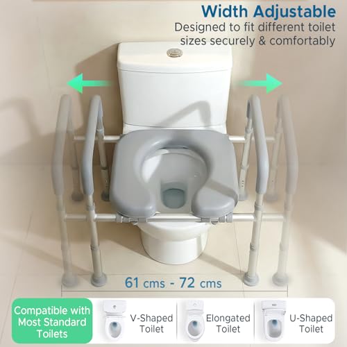Image of KosmoCare Aluminium Toilet Seat Raiser with Cushioned Seat | Adjustable Toilet Safety Frame with Handles for Elderly & Disabled | Toilet Seat Riser with Armrests | Toilet Safety Rails for Seniors