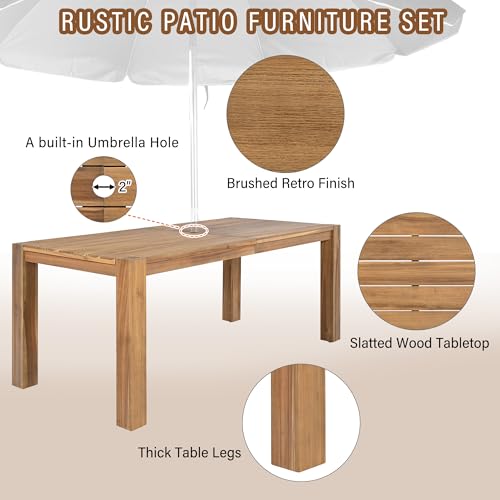 Image of Outdoor Patio Dining Table and Chairs Set for 6, 7 PCS Patio Furniture Set | Outdoor Dining Set for 6 with Umbrella Hole, Wood Frame with Removable Cushion for Garden, Backyard, Lawn and Poolside