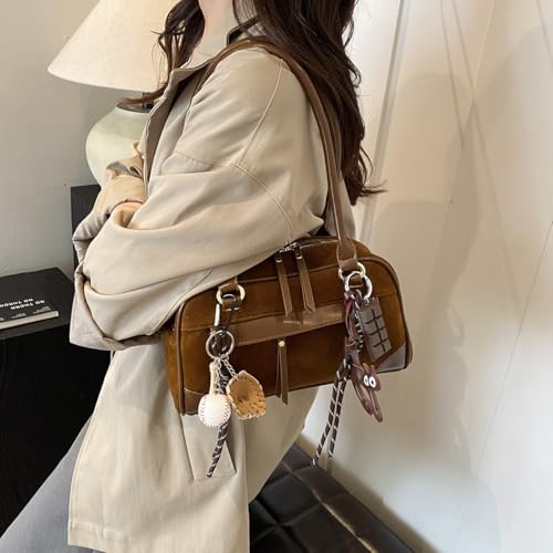 Suede Bag for Women 2025 Vintage Bowler Bag Y2k Shoulder Bag Brown Suede Fall Purse3